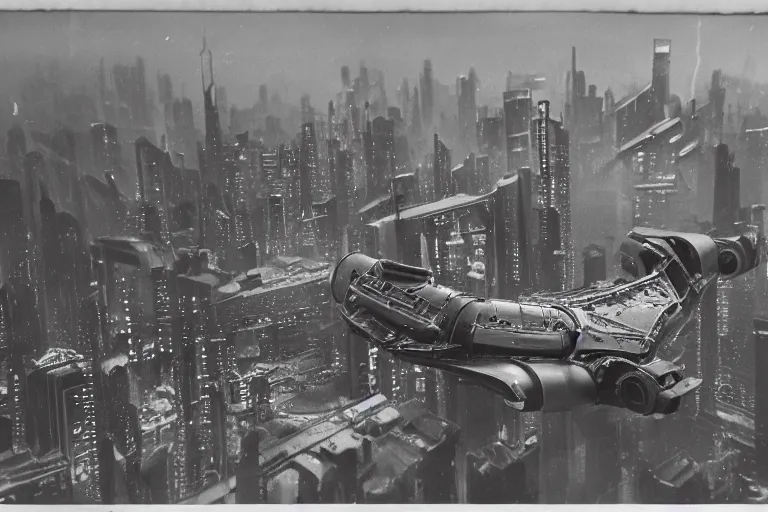 Image similar to cyberpunk 1 9 2 6 bugatti type 3 5 by paul lehr, metropolis, view over city, vintage film photo, damaged photo, scratched photo, scanned in, old photobook, silent movie, black and white photo