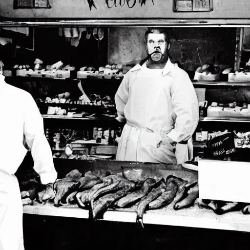 Prompt: big butcher man posing scarily, earie setting, in a butcher shop, horror, hyperdetailed