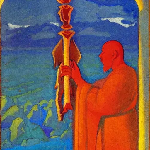 Image similar to Nicholas Roerich oil painting called Dwarf Almighty 1925 bright colors fear and reverence