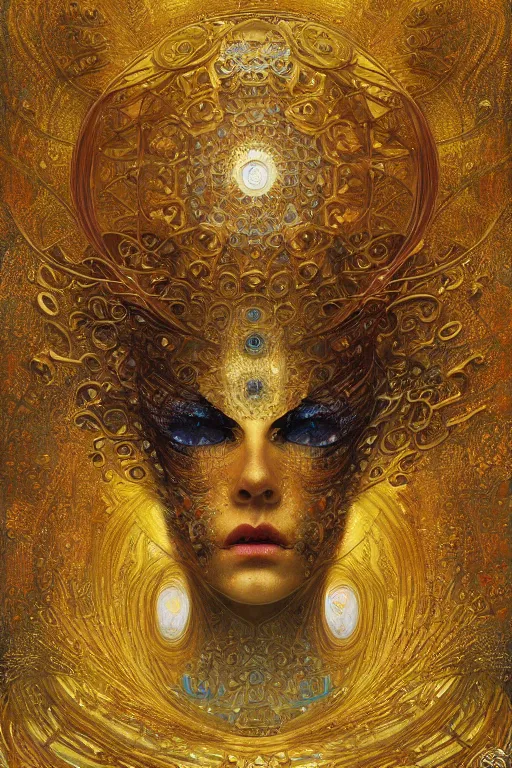 Image similar to Machinery of Fate by Karol Bak, Jean Deville, Gustav Klimt, and Vincent Van Gogh, otherworldly, fractal structures, ornate gilded medieval icon, third eye, spirals