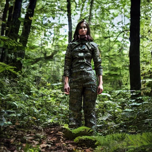 Prompt: a female space scout wearing a camo uniform with white armor exploring a forest planet