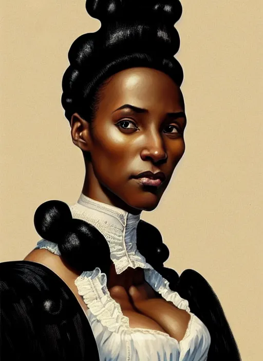 Image similar to a portrait of a young black woman with a crooked nose in victorian clothing, confident pose, intricate, elegant, sharp focus, illustration, highly detailed, concept art, matte, trending on artstation, anime, art by james jean and artgerm and brian despain and alberto mielgo, greg rutkowski, wlop, ilya kuvshinov, strong strokes