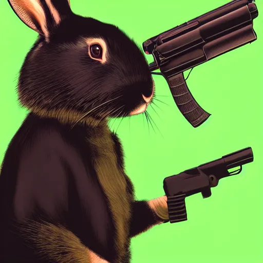 Image similar to portrait of rabbit with UV neon fur holding a machine gun , 8k, highly detailed, sharp, realistic, in style of Brom