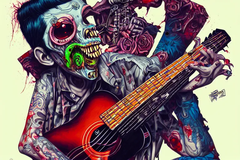 Image similar to zombie punk rocker playing acoustic guitar, tristan eaton, victo ngai, artgerm, rhads, ross draws, intricated details, 3 / 4 view, full body portrait