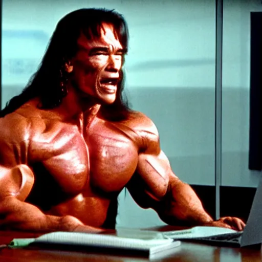 Image similar to arnold schwarzenegger as conan the barbarian sitting at a desk, as an office worker, in an office, inside an office building, sitting at a desk, angrily shouting and pointing at a laptop, laptop computer, crisp lighting, corporate photography