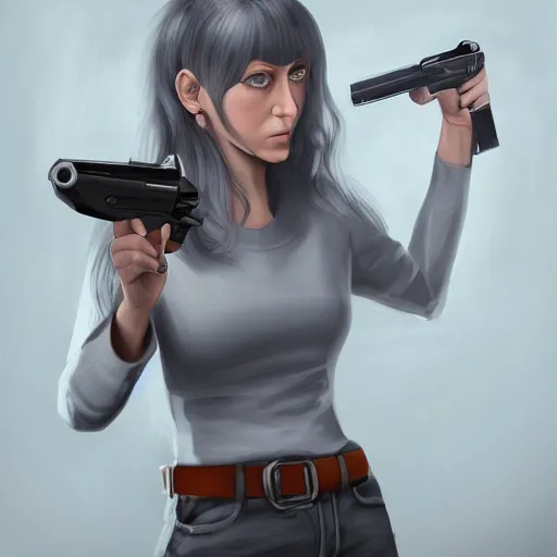 Image similar to a megan wearing a business, she has grey hair and is holding a revolver, digital painting, smooth, hd, realist, artstation, deviantart
