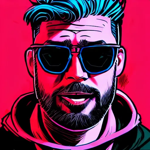 Prompt: character portrait design guy denning, tim doyle green mercenary grungy hooded sunglasses handsome smiling figure heroic!! nunchucks!! outline sharp edges. elegant, neon colors, dynamic angle, intricate highly detailed complexity, epic composition, symmetry, cinematic lighting masterpiece