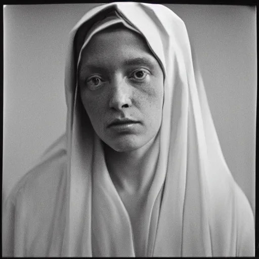 Image similar to The virgin Mary. Close-up studio portrait by Robert Mapplethorpe. Tri-x.