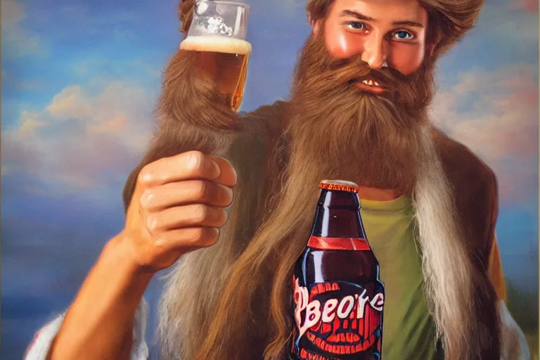 Prompt: a young man holding a beer giving a thumbs up with a long beard, airbrush painted, 80s poster, detailed, uncropped