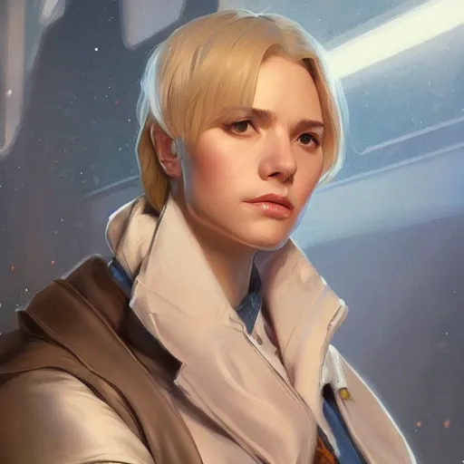 Image similar to science-fiction character portrait of Victor Nikiforov, short blond hair, tall, elegant, highly detailed, digital painting, artstation, upper body, concept art, smooth, sharp focus, illustration, art by artgerm and greg rutkowski and alphonse mucha