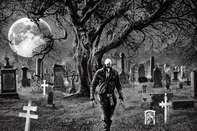 Prompt: dead anarchist walking through a cemetery, middle finger, pirate flag in his arms, evil dead face, leather coat, dark night, full moon, zombies and walking deads around, crows on the oak tree, highly detailed digital art, photorealistic