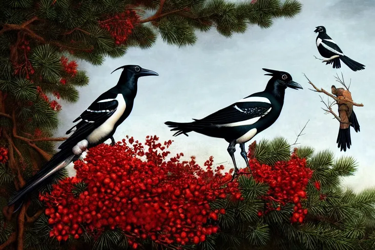 Image similar to a magpie family hosting their magpie relatives on top of a pine tree, in the style of rafał olbinski, intricate and epic composition, red by caravaggio, insanely quality, highly detailed, masterpiece, purple light, artstation, 4 k