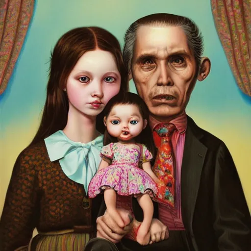 Prompt: a couple and their child portrait, living room wall background, lowbrow art pop surrealism art style, by Mark Ryden and Hikari Shimoda