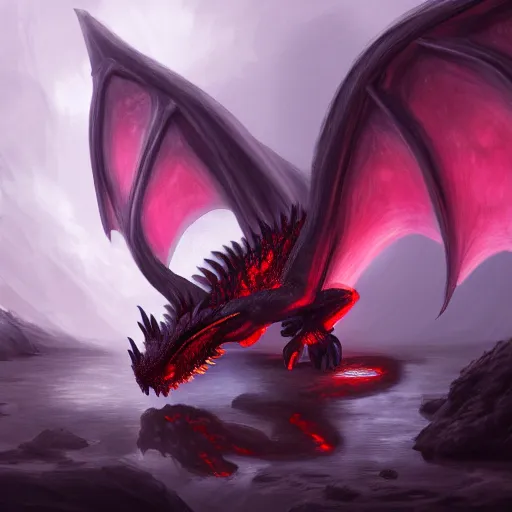 Prompt: commission of a beautiful digital painting of a feminine female dragon dragoness bathing in lava scaled scales horns wings tail feral, ambient lighting, concept art, detailed, furaffinity, trending on artstation