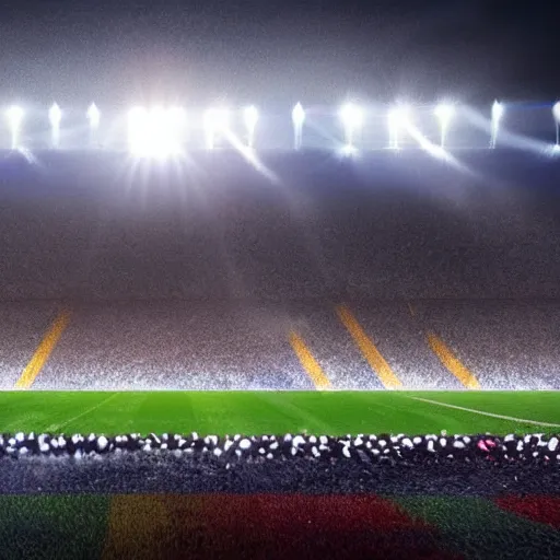 Prompt: realistic 4 k football arena real madrid vs barcelona rain sun lensflare wide