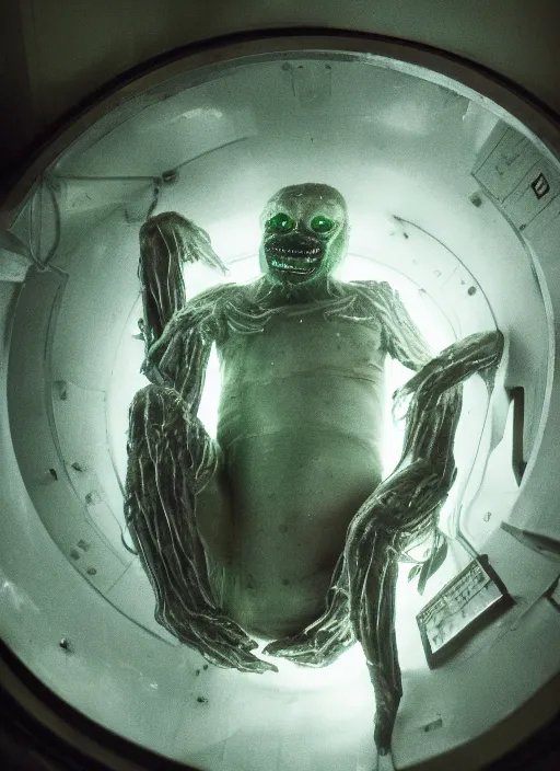 Prompt: a weird humanoid creature is suspended in a tank of dense liquid, weightlessness, tubes coming from the top of the tank connecting to the creature's body, back lit, green glow, 35 mm film photography