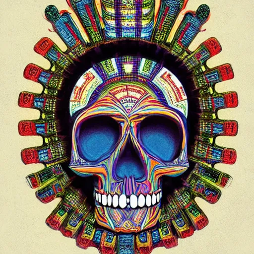 Image similar to a painting of a aztec skull with ornate ceremonial headdress, poster art by jeffrey smith, behance contest winner, psychedelic art, cosmic horror, anaglyph effect, mandelbulber fractal