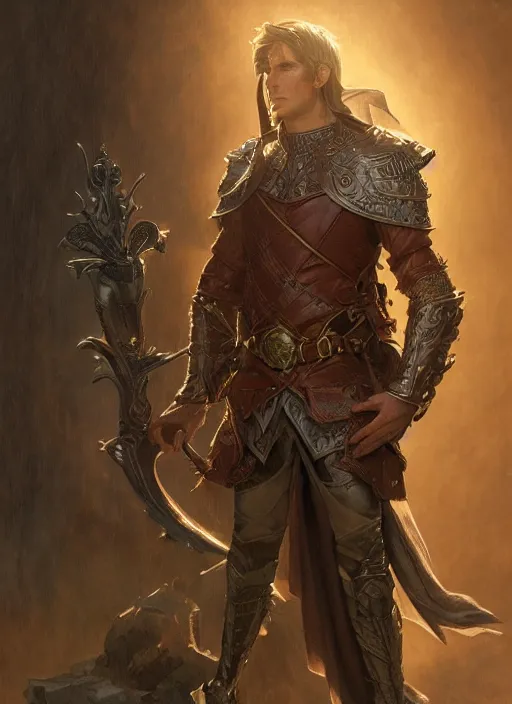 Image similar to a male half elf in fireproof leather armor wearing a utility belt and goggles, D&D, fantasy, intricate, cinematic lighting, highly detailed, digital painting, artstation, concept art, smooth, sharp focus, illustration, art by Terry Moore and Greg Rutkowski and Alphonse Mucha