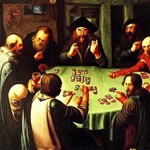Image similar to renaissance painting of Cthulhu playing poker with pirates in a pub, detailed, gloomy