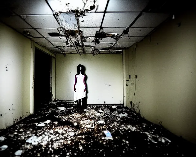 Image similar to creepy mangled woman wearing white dress standing in the backrooms, the eerie forlorn atmosphere of a place that's usually bustling with people but is now abandoned and quiet, buzzing fluorescent lights above the ceiling, unsettling images, liminal space, dark,