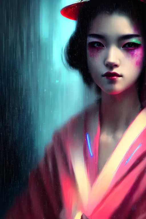 Image similar to photography face close - up portait of a beautiful young cyberpunk geisha half body in a kimono and with an white umbrella in city with neon lights, ambient lights, rainy day, digital painting, art station, by greg rutkowski