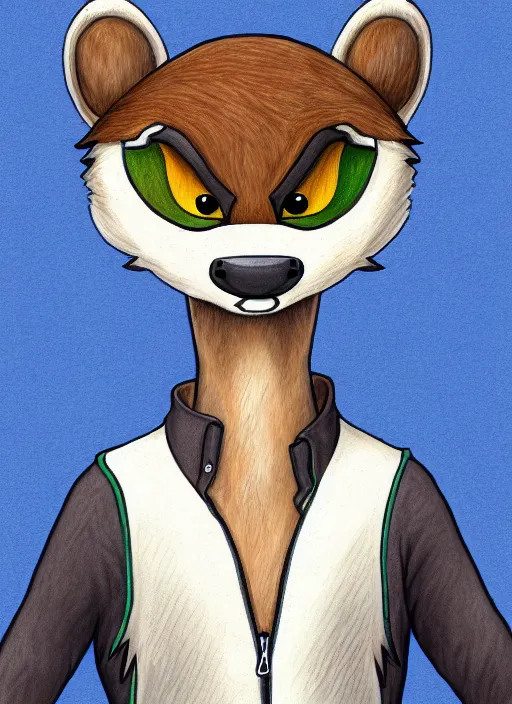 Prompt: expressive stylized master furry artist digital colored pencil painting full body portrait character study of the otter ( sergal ) small head big eyes toon fursona animal person wearing clothes jacket and jeans by master furry artist blotch