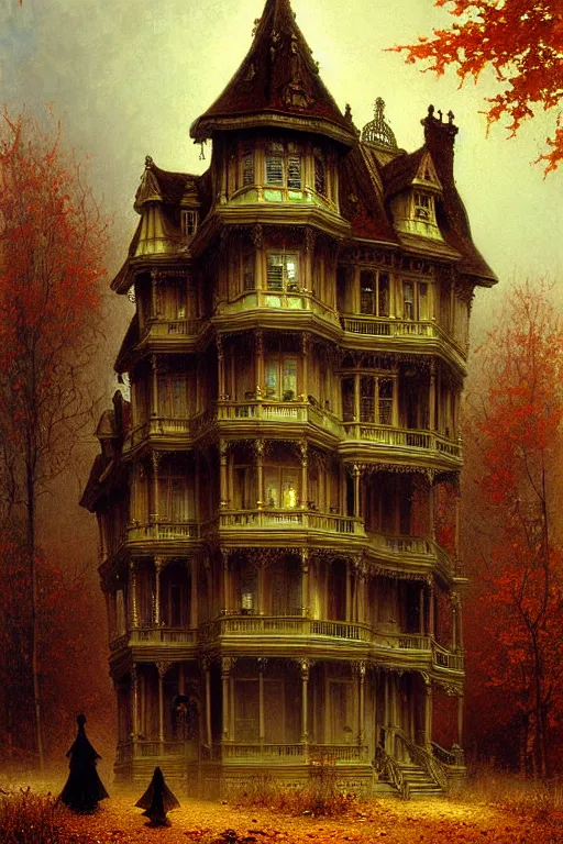 Image similar to detailed painting of a haunted victorian living capsule architecture, autumn, filigree ornaments, ghostly apparitions, andreas achenbach