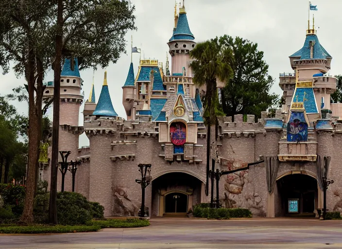 Image similar to cinematic shot of the outside of the Disney world park, shut down, abandoned, Florida, out of business, castle is falling apart and rusted, got shut down, kids place, liminal spaces, backrooms, empty, overgrown with weeds, crumbling, destroyed castle, completely obliterated, Disney world, theme park, dusty, Detroit, horror game, ugly, Disney, old and dirty, water damage, garbage everywhere, landfill