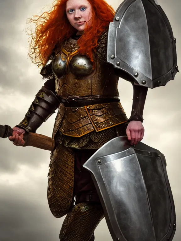 Image similar to dwarven woman, ginger hair, green eyes, holding hammer and shield with plate armour