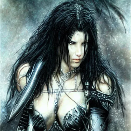 Prompt: female warrior, black hair, cinematic, by luis royo