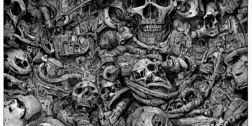 Image similar to comic alchemy, cybernetics, sci - fi, book page, post apocalyptic, wall of skulls, vision of ezekiel, enhanced quality, unreal engine