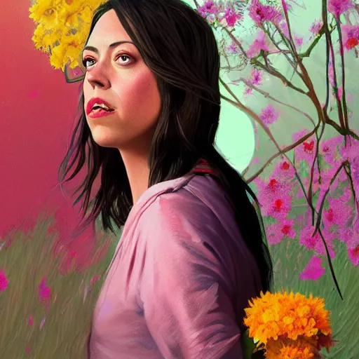 Image similar to painting of aubrey plaza dressed with flowers, illustration, artistic, colorful, hyper detailed, in the style of greg rutkowski