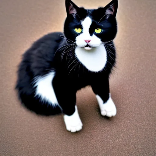 Image similar to tuxedo cat, white cheeks, white paws, yellow eyes, playful, young, catch fly, h 6 4 0