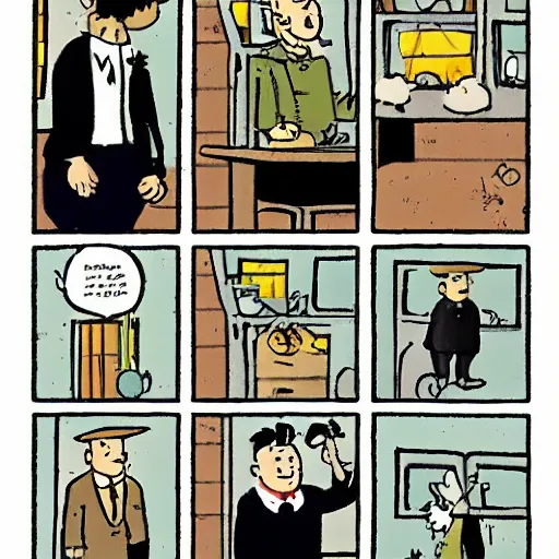 Image similar to comic strip featuring tintin meeting Halldor Laxness in the style of Herge