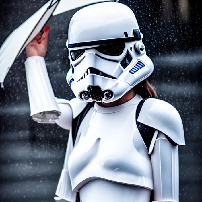 Prompt: fully body pose, photo of a very beautiful!! victoria secret model, stormtrooper helmet, wet hair, raining, 8 k, hdr, smooth, sharp focus, high resolution, award - winning photo, trending on artstation, dslr, 5 0 mm