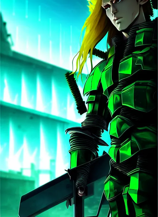 Image similar to a striking cinematic full body manga portrait of a male warrior with long blonde hair and blue eyes wearing evil green spiked cyberpunk armour and standing in the desolate burning ruins of a futuristic city by hirohiko araki and beeple, fine details, digital art, character concept art, volumetric lighting, cinematic light, photorealistic