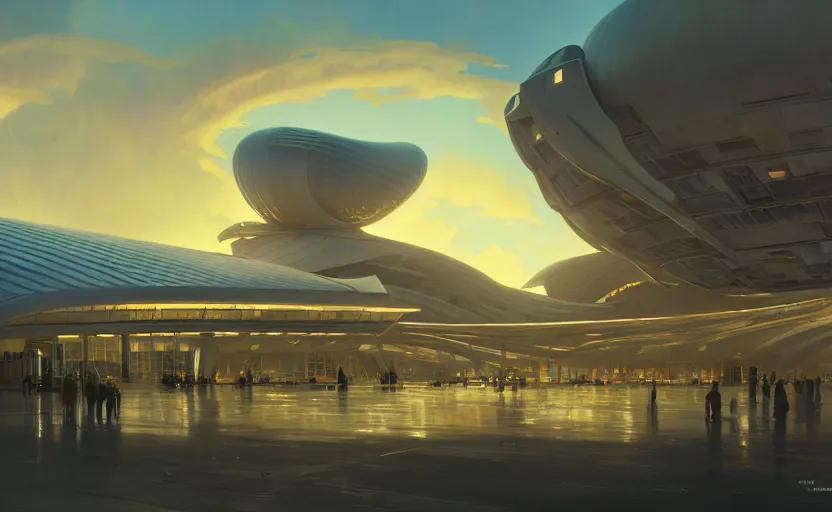 Prompt: exterior shot of utopian architecture airport with cinematic lighting by zaha hadid and renzo piano, darek zabrocki and greg ruthkowski, alphonse mucha, simon stalenhag, cinematic, holy place, paradise, scifi, futurism, atmospheric, sunset, concept art, artstation, trending on artstation