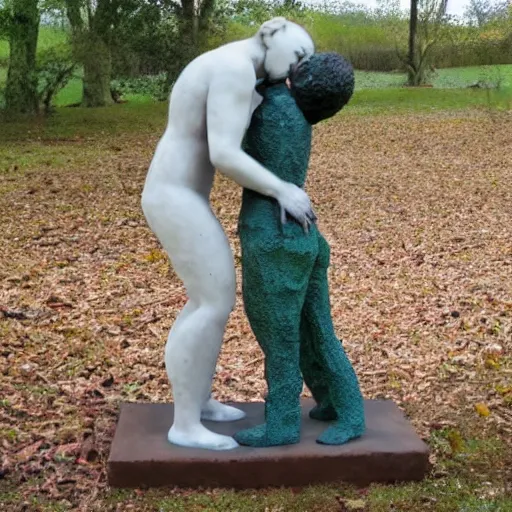 Prompt: The kiss, sculpture by a famous artist made of recycled materials