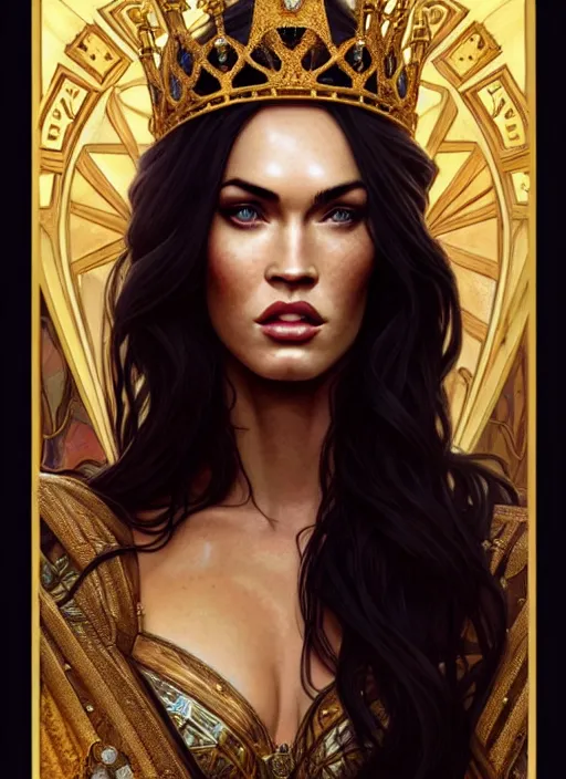 Image similar to portrait of megan fox as a queen, throne, jewelry, greek, saphir, intricate, headshot, highly detailed, digital painting, artstation, concept art, sharp focus, cinematic lighting, illustration, art by artgerm and greg rutkowski, alphonse mucha, cgsociety