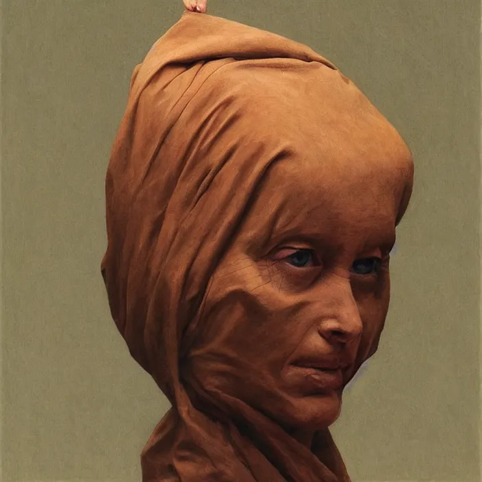 Image similar to woman portrait with a paper bag over the head, highly detailed, artstation, art by zdislav beksinski, wayne barlowe, edward hopper