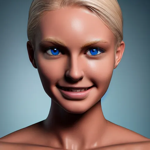 Prompt: full figure photo, cute nice beautiful young lady, cute smile, athletic body, six pack, highly detailed face and eyes, blonde, blue eyes, volumetric lighting, 8 k, art photography, sport photography, intricate detailing, award winning, textured skin, symmetric face, hyper realistic