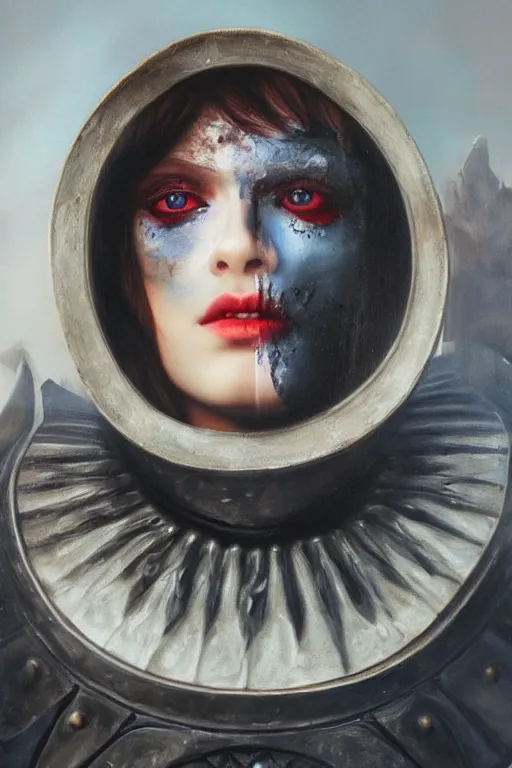 Image similar to hyperrealism oil painting, close - up portrait of european medieval brunette vampire fashion model, knight, steel gradient mixed with nebula sky, in style of baroque