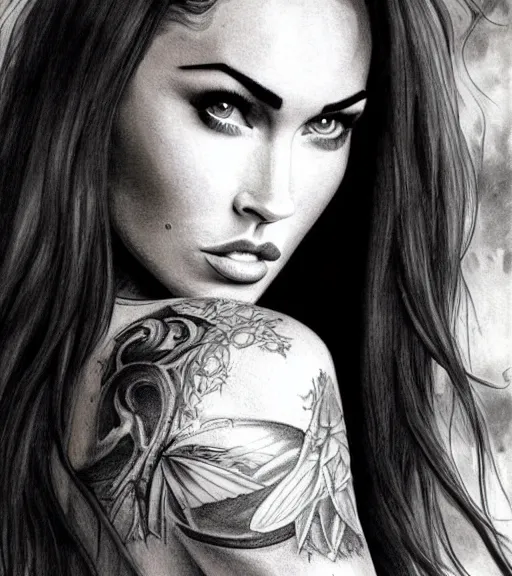 Image similar to tattoo design sketch of megan fox portrait against a background of the most beautiful nature, hyper - realistic, in the style of den yakovlev, amazing detail, black and white