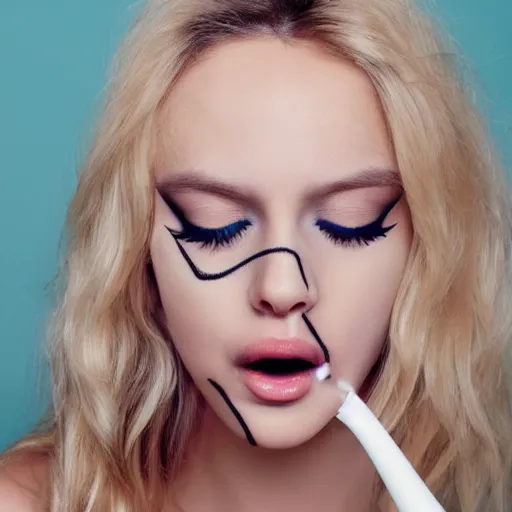 Image similar to blonde model with eyeliner and an open mouth and closed eyes pouring milk on her face