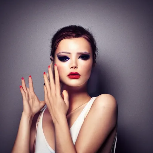 Image similar to Photo of a model,hands, bold, self confidence, cinematic, light makeup focus