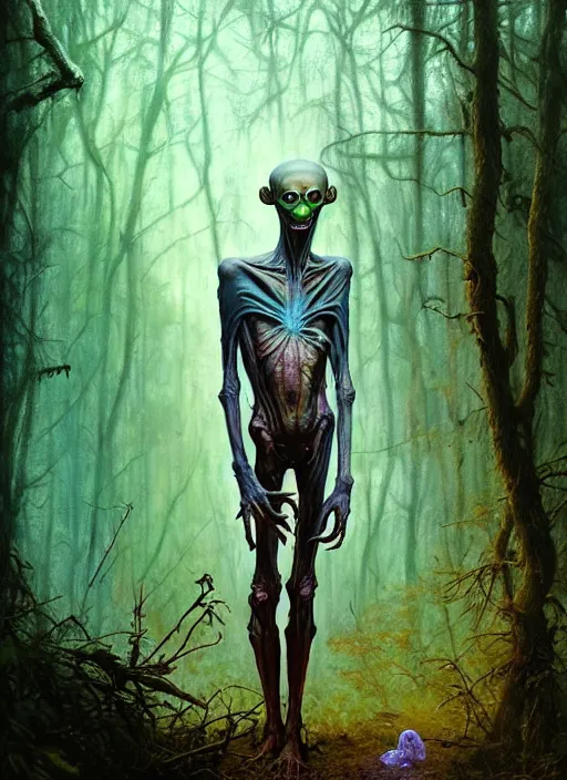 Image similar to hyper realistic spooky alien in the woods in a river gorgeous lighting, lush forest foliage blue sky a hyper realistic painting by chiara bautista and beksinski and norman rockwell and greg rutkowski, tom bagshaw weta studio, and lucasfilm