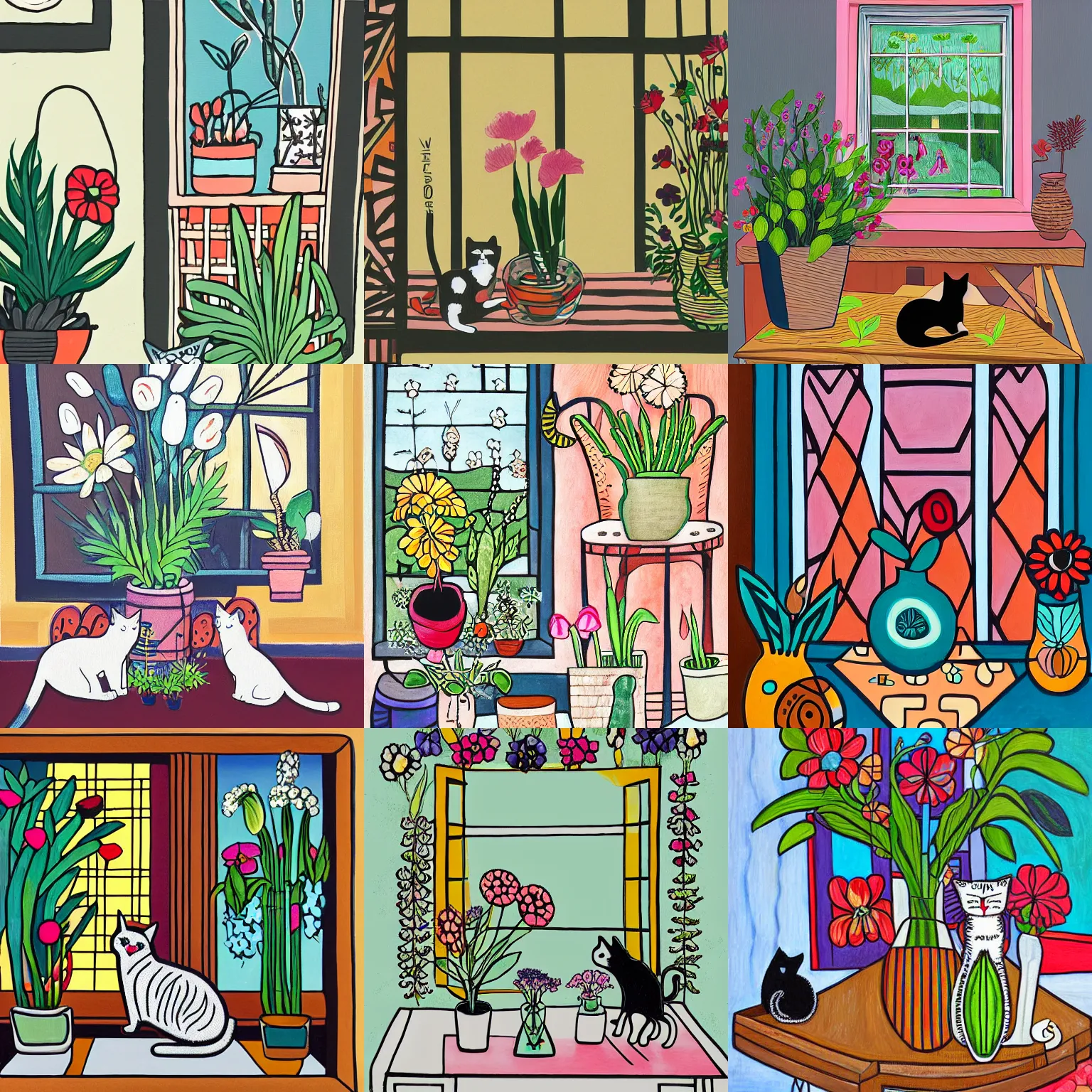 Prompt: cat on the table, flowers in vase, window with plant, village, painting, hyper detailed by farah atassi