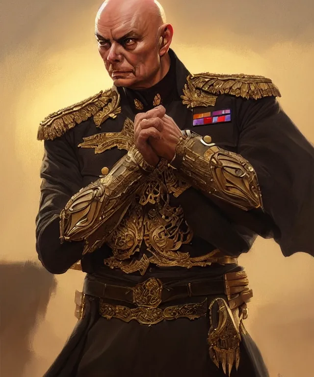 Image similar to Yul Brynner as an angry bald general, portrait, intricate, elegant, highly detailed, digital painting, artstation, concept art, smooth, sharp focus, illustration, art by artgerm and greg rutkowski and alphonse mucha