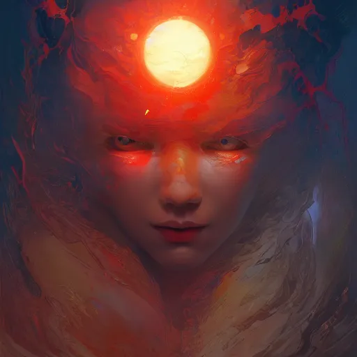 Prompt: a painting of the eyes of the sun by james jean and marc simonetti, dark fantasy art, high detail, trending on artstation