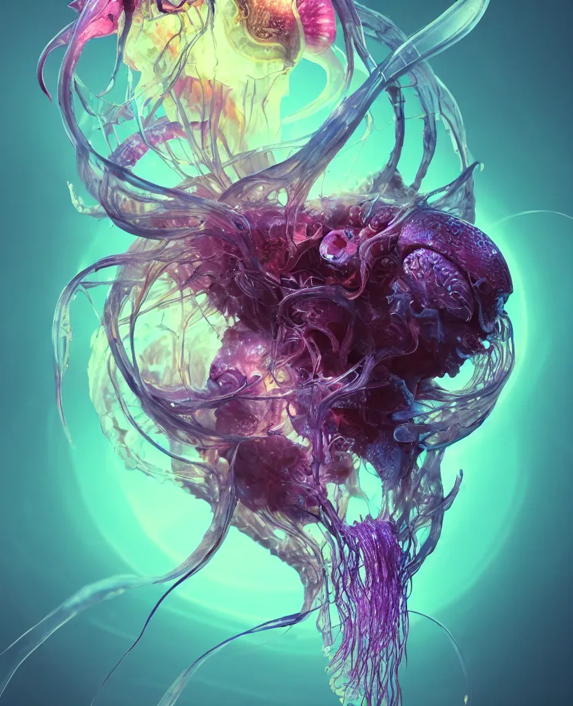 Image similar to goddess close-up portrait goat skull. jellyfish phoenix head, nautilus, orchid, skull, betta fish, bioluminiscent creatures, intricate artwork by Tooth Wu and wlop and beeple. octane render, trending on artstation, greg rutkowski very coherent symmetrical artwork. cinematic, hyper realism, high detail, octane render, 8k